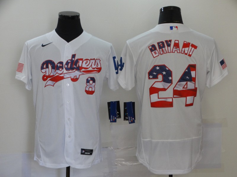 Men's Los Angeles Dodgers White #24 Kobe Bryant 2020 Stars & Stripes Flex Base Stitched Jersey